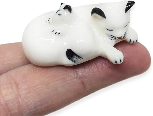 WitnyStore Tiny 1½" White Black Pointed Shorthair Cat Mom Baby Sleeping Figurine - Miniature Hand Made Painted Ceramic Cats Kitten Feline Animal Cute Porcelain Decorative Collectible Figure Décor Gift