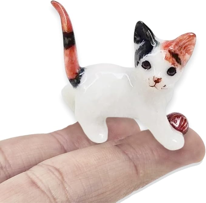 WitnyStore Tiny 1½" Calico Tricolor Shorthair Cat Standing Play Ball Figurine - Miniature Hand Made Painted Ceramic Cats Kitten Feline Animal Cute Porcelain Decorative Collectible Figure Décor Gifts