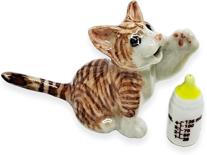 WitnyStore Tiny 1½" Brown White Tabby Shorthair Cat Drinking Baby Bottle Figurine - Miniature Hand Made Painted Ceramic Cats Kitten Animal Cute Porcelain Decorative Collectible Figurines Décor Gifts