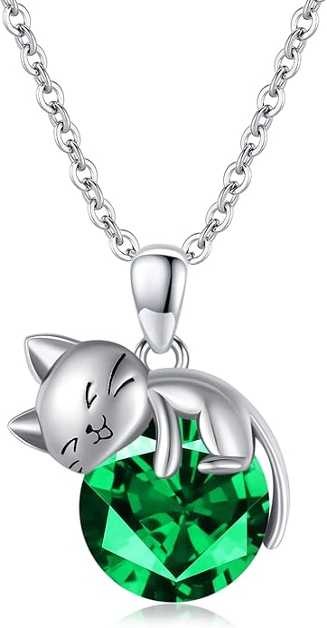 LONAGO Cat Necklace with Birthstone 925 Sterling Silver Cat Pendant Necklace Gift for Women