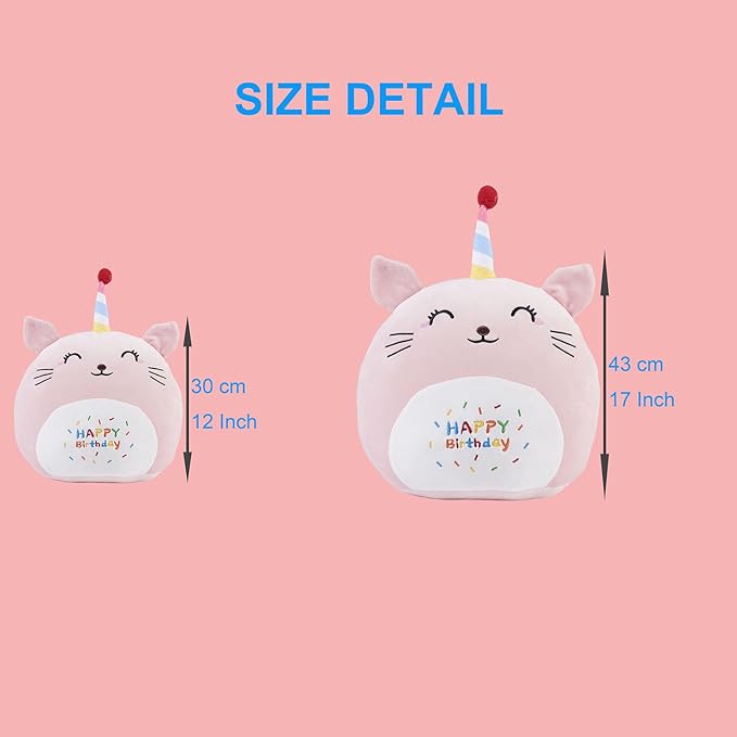 12 Inch Plush Birthday Cat Kitty Stuffed Animal Happy Birthday Cat Hugging Pillow Birthday Cat Plushies Throw Pillow Birthday Pink Cat Kitten Anime Gift for Kids and Lovers