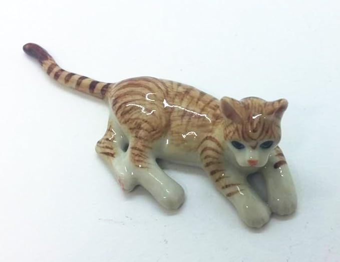 WitnyStore Tiny 3" Long Brown White Tabby Shorthair Cat Lying On Side Figurine - Miniature Hand Made Painted Ceramic Cats Kitten Feline Animal Cute Porcelain Decorative Collectible Figures Décor Gifts
