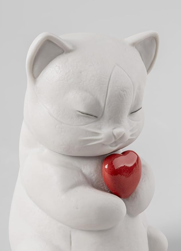 LLADRÓ Porcelain Figure Whiskers-Playful Cat from The Lovely World Collection Dedicated to Love. Decorative Figure of a Cat in Matte White Porcelain with a Red Heart