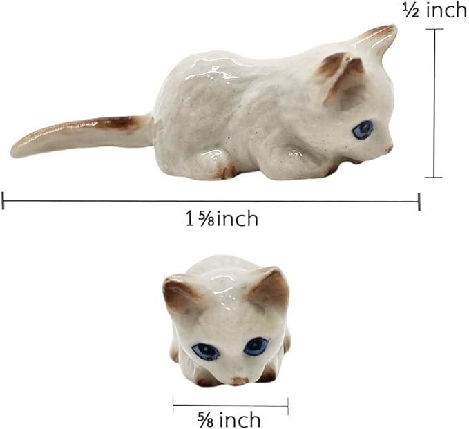 WitnyStore Tiny 1⅝" Long White Brown Pointed Shorthair Cat Crouching Figurine - Miniature Hand Made Painted Ceramic Cats Kitten Feline Animal Cute Porcelain Decorative Collectible Figures Décor Gifts