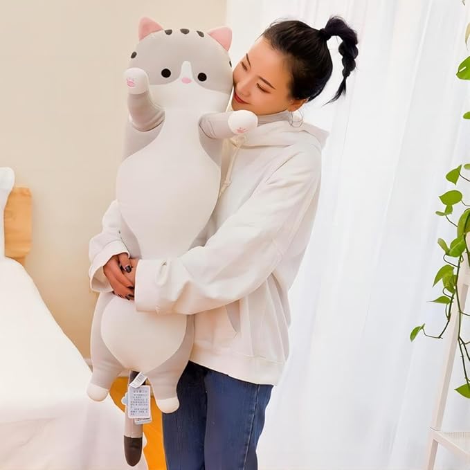 Long Cat Plush Pillow Soft Cat Body Pillow, Long Cat Stuffed Animal Cotton Kitten Sleeping Throw Pillow Gift for Kids Girlfriend(50CM,Grey)