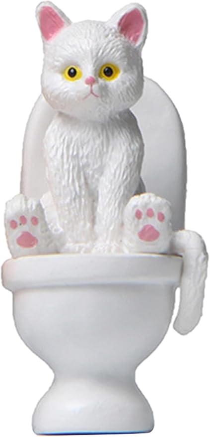 White Miniature Cat Figure Sitting On Toilet Cat Statue Figurine Resin Home Decor Cartoon Animal Garden Statues,Garden Miniatures Arden Sculptures and Statues