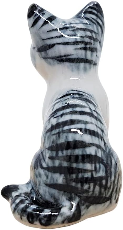 WitnyStore Tiny 1¼" White Gray Tabby Shorthair Cat Sitting Look Left Figurine - Miniature Hand Made Painted Ceramic Cats Kitten Feline Animal Cute Porcelain Decorative Collectible Figures Décor Gifts
