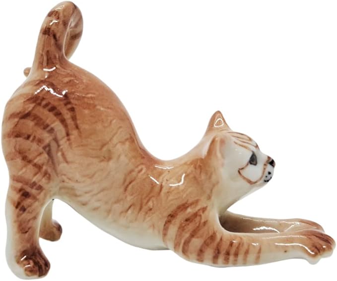 WitnyStore Tiny 2¼" Long Brown Tabby Shorthair Cat Stretching Figurine - Miniature Hand Made Painted Ceramic Cats Kitten Feline Animal Cute Porcelain Decorative Collectible Figurines Décor Gifts