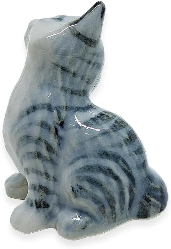 WitnyStore Tiny 1½" Gray White Tabby Shorthair Cat Scratching Ear Figurine - Miniature Hand Made Painted Ceramic Cats Kitten Feline Animal Cute Porcelain Decorative Collectible Figurines Décor Gifts