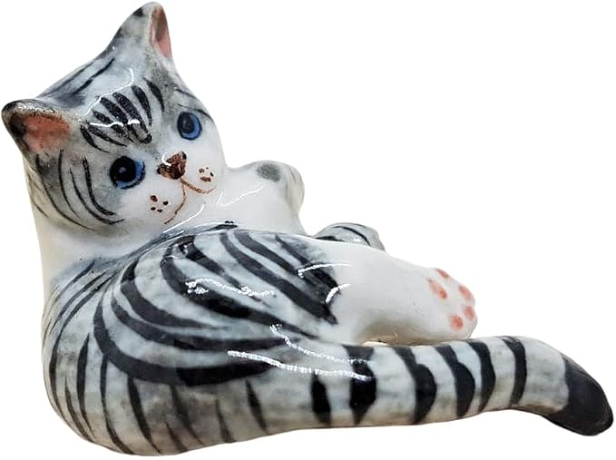WitnyStore Tiny 1⅜" Gray White Tabby Shorthair Cat Lying Look Back Hang Tail Figurine - Miniature Hand Made Ceramic Cats Kitten Feline Animal Cute Porcelain Decorative Collectible Figures Décor Gifts