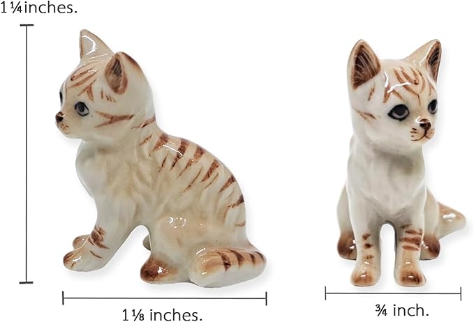 WitnyStore Tiny 1⅛" Light Brown Tabby Shorthair Cat Sitting Look Left Figurine - Miniature Hand Made Painted Ceramic Cats Kitten Feline Animal Cute Porcelain Decorative Collectible Figures Décor Gifts