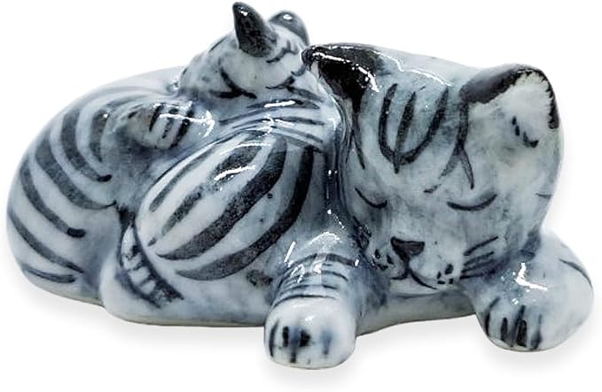 WitnyStore Tiny 1¼" Gray Tabby Shorthair Cat Mom and Baby Sleeping Figurine - Miniature Hand Made Painted Ceramic Cats Kitten Feline Animal Cute Porcelain Decorative Collectible Figurines Décor Gifts