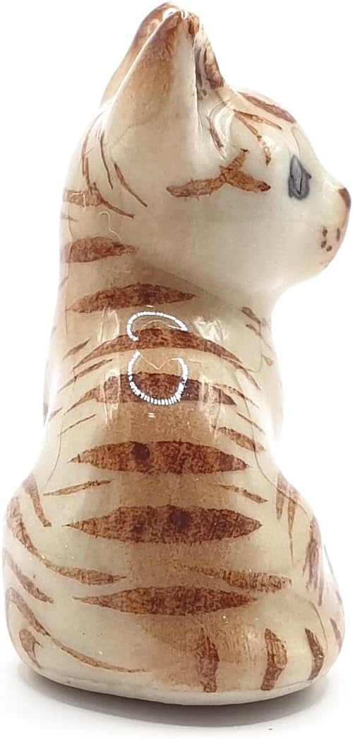 WitnyStore Tiny 1" Brown Tabby Shorthair Cat Sitting Look Right Figurine - Miniature Hand Made Painted Ceramic Cats Kitten Feline Animal Cute Porcelain Decorative Collectible Figurines Décor Gifts