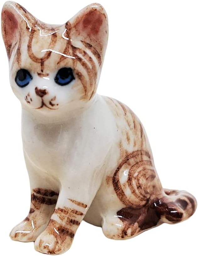WitnyStore Tiny 1¼" White Brown Tabby Shorthair Cat Sitting Look Left Figurine - Miniature Hand Made Painted Ceramic Cats Kitten Feline Animal Cute Porcelain Decorative Collectible Figures Décor Gifts
