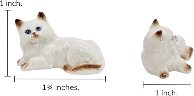 WitnyStore Tiny 1¾" Long White Brown Pointed Shorthair Cat Crouching Figurine - Miniature Hand Made Painted Ceramic Cats Kitten Feline Animal Cute Porcelain Decorative Collectible Figures Décor Gifts
