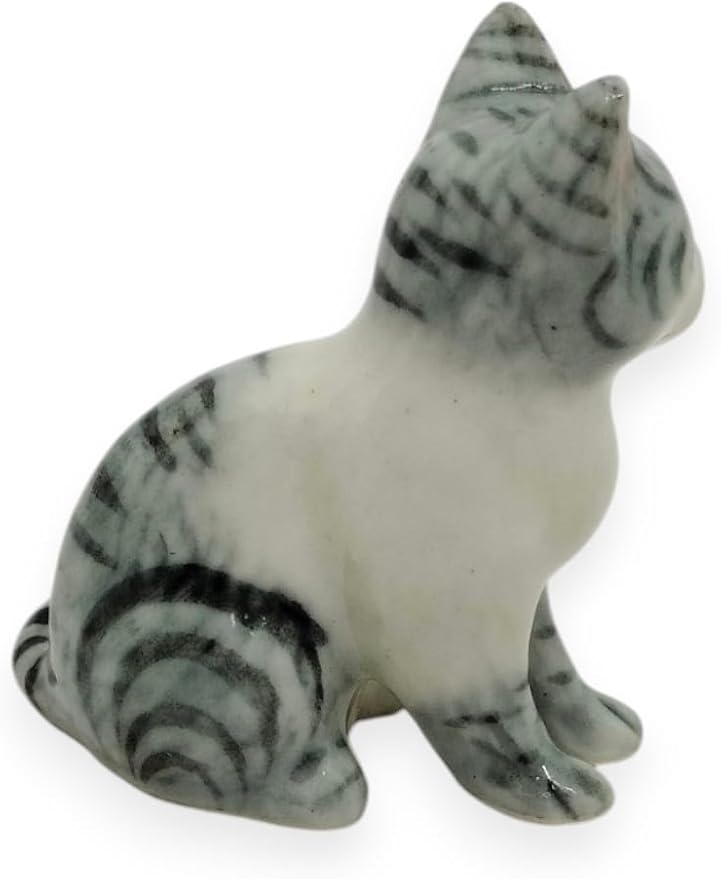 WitnyStore Tiny 1⅜" High White Gray Tabby Shorthair Cat Sitting Figurine - Miniature Hand Made Painted Ceramic Cats Kitten Feline Animals Cute Porcelain Decorative Collectible Figures Décor Gifts