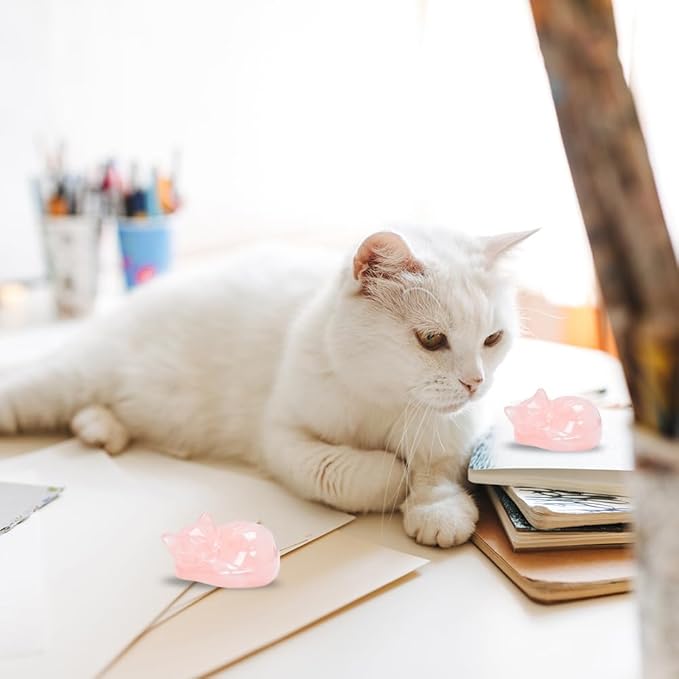 WHAL&YUNE Crystal Cat Figurine, 1PC Rose Quartz Cat Stone, Natural Sleeping Cat Ornament Hand Carved Cat Statue Cat Decoration for Cat Lovers, Gift 1.5"