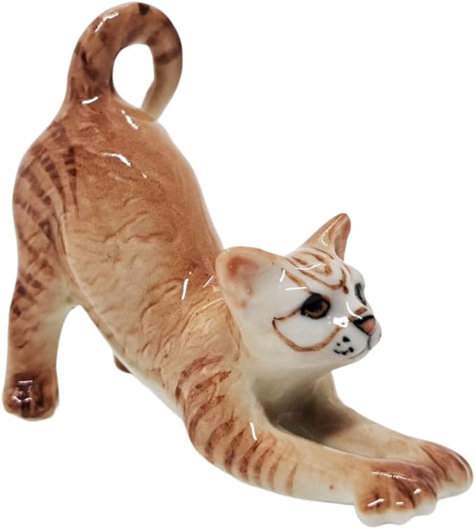WitnyStore Tiny 2¼" Long Brown Tabby Shorthair Cat Stretching Figurine - Miniature Hand Made Painted Ceramic Cats Kitten Feline Animal Cute Porcelain Decorative Collectible Figurines Décor Gifts