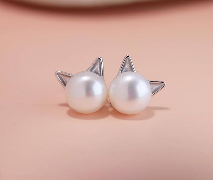 Wicary Cat Earrings Sterling Silver Pearl Earrings for Women Cat Stud Earring for Cat Lovers
