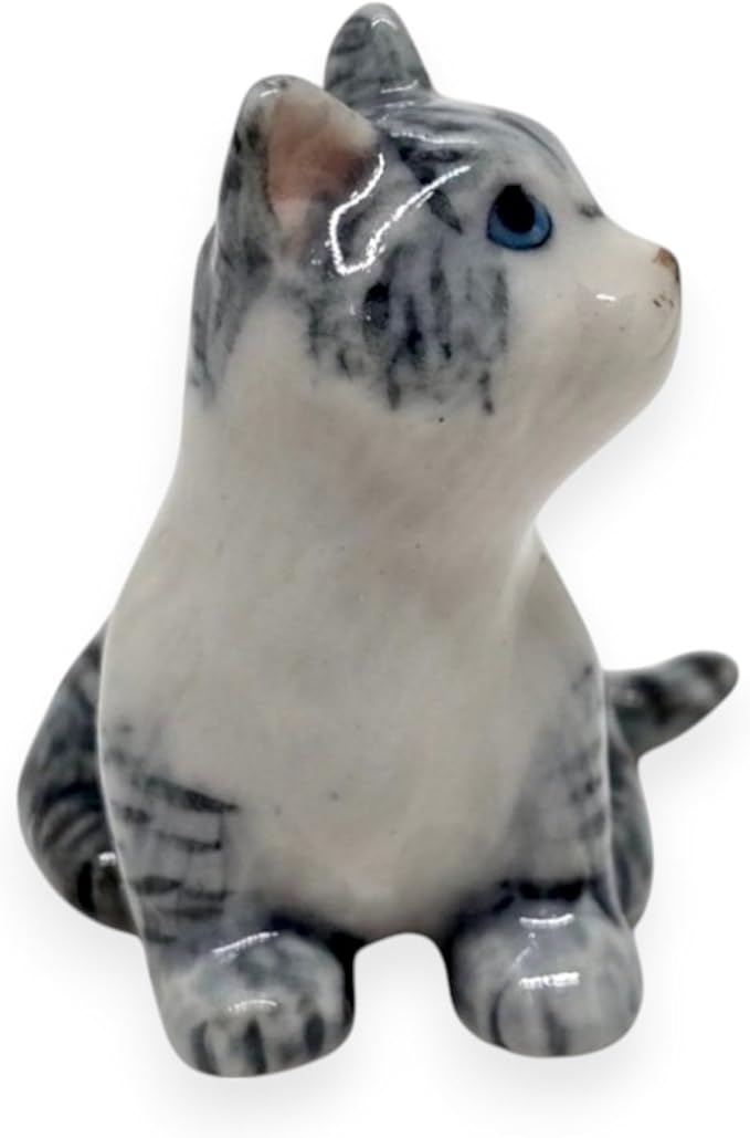 WitnyStore Tiny 1½" Gray White Tabby Shorthair Cat Sitting Look Left Figurine - Miniature Hand Made Painted Ceramic Cats Kitten Feline Animal Cute Porcelain Decorative Collectible Figures Décor Gifts