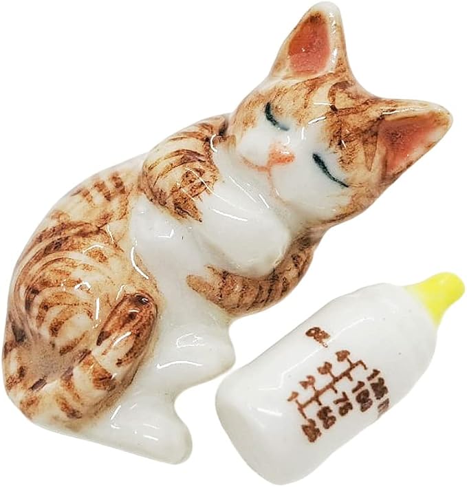 WitnyStore Tiny 1" Long White Brown Tabby Cat Sleeping with Baby Bottle - Miniature Hand Made Painted Ceramic Cats Kitten Feline Animal Cute Porcelain Decorative Collectible Figurines Décor Gifts