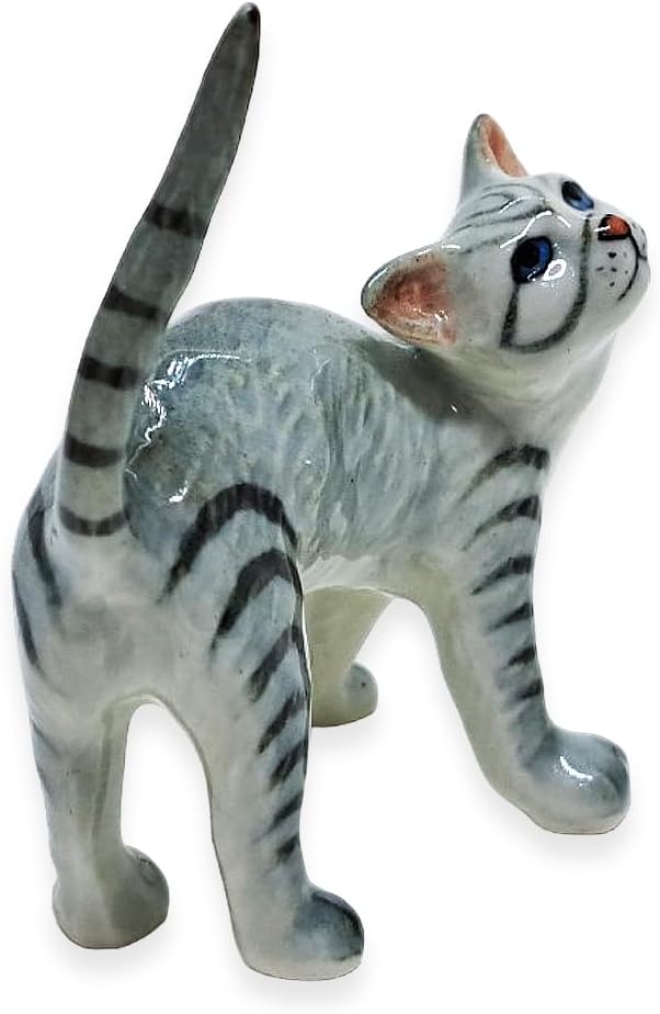 WitnyStore Tiny 2¼" Gray Tabby Shorthair Cat Standing Look Up Figurine - Miniature Hand Made Painted Ceramic Cats Kitten Feline Animal Cute Porcelain Decorative Collectible Figurines Décor Gifts