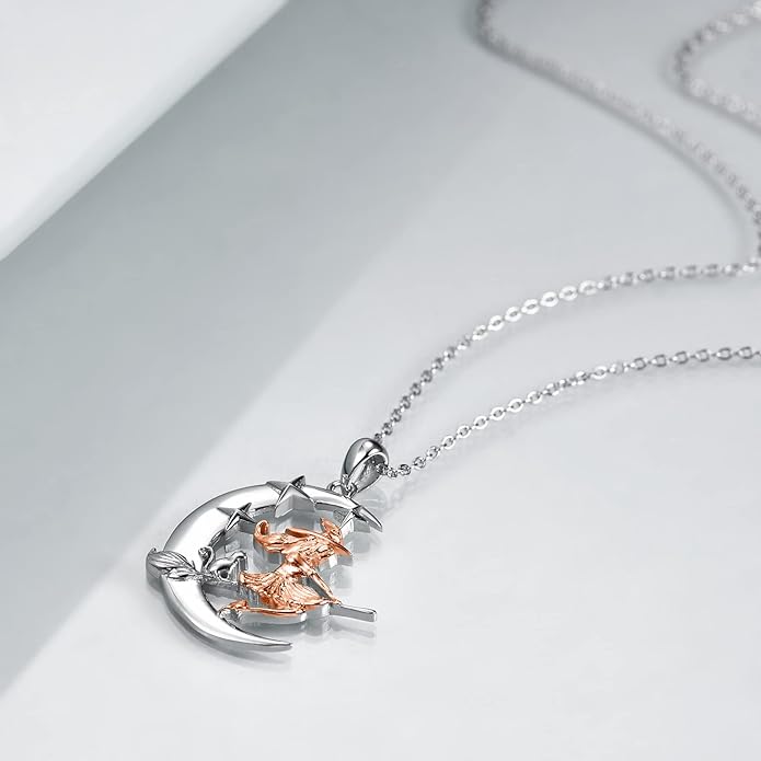 YFN Sterling Silver Cat Witch Necklace Hanging on Broom - Women's Witch Jewelry Gift