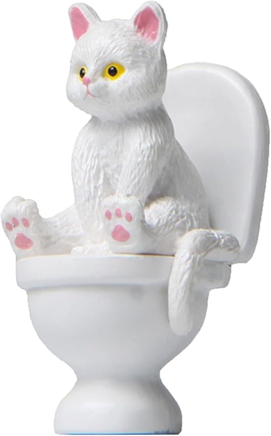 White Miniature Cat Figure Sitting On Toilet Cat Statue Figurine Resin Home Decor Cartoon Animal Garden Statues,Garden Miniatures Arden Sculptures and Statues
