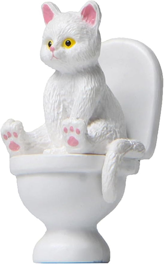 White Miniature Cat Figure Sitting On Toilet Cat Statue Figurine Resin Home Decor Cartoon Animal Garden Statues,Garden Miniatures Arden Sculptures and Statues