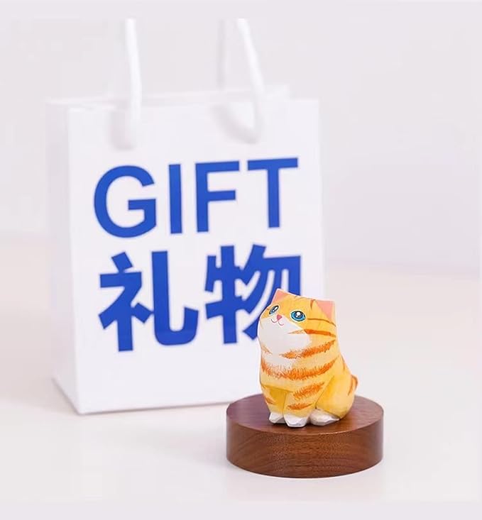 Handmade Orange Cat Figurine, Wooden Tabby Statue Craft, Cute Home Decor, Unique Figure Collectible Gift for Cat Lovers