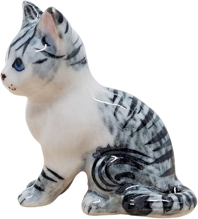 WitnyStore Tiny 1¼" White Gray Tabby Shorthair Cat Sitting Look Left Figurine - Miniature Hand Made Painted Ceramic Cats Kitten Feline Animal Cute Porcelain Decorative Collectible Figures Décor Gifts
