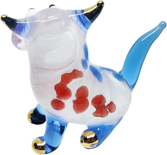 Tiny 1½" White Blue Red Sitting Look Right Cat Figurine Miniature Hand Blown Glass Cats Kitten Feline Animals Cute Colorful Crystal Decorative Collectible Figurines Décor Gifts