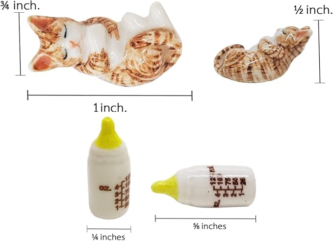WitnyStore Tiny 1" Long White Brown Tabby Cat Sleeping with Baby Bottle - Miniature Hand Made Painted Ceramic Cats Kitten Feline Animal Cute Porcelain Decorative Collectible Figurines Décor Gifts