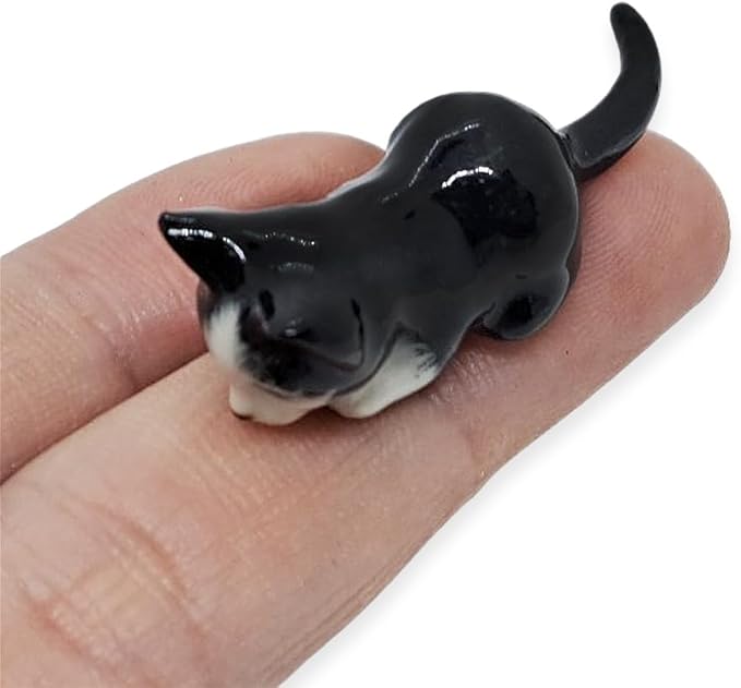 WitnyStore Tiny 1⅝" Long Black White Tuxedo Shorthair Cat Crouching Figurine - Miniature Hand Made Painted Ceramic Cats Kitten Feline Animal Cute Porcelain Decorative Collectible Figurines Décor Gifts