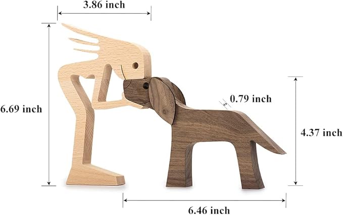 Wooden Sculptures Handmade Accents Craft Figurine for Home Decor Accents, Woman and Dog Wooden Statue, Animal Sculptures Collection, Gift for Men Women Natural ECO Friendly Large Size 10x6x0.8 inches
