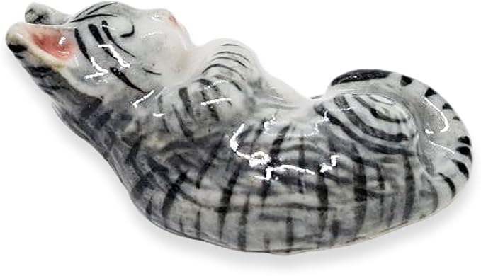 WitnyStore Tiny 1" Long Gray White Tabby Shorthair Cat Sleeping Figurine - Miniature Hand Made Painted Ceramic Cats Kitten Feline Animal Cute Porcelain Decorative Collectible Figurines Décor Gifts