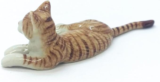 WitnyStore Tiny 3" Long Brown White Tabby Shorthair Cat Lying On Side Figurine - Miniature Hand Made Painted Ceramic Cats Kitten Feline Animal Cute Porcelain Decorative Collectible Figures Décor Gifts