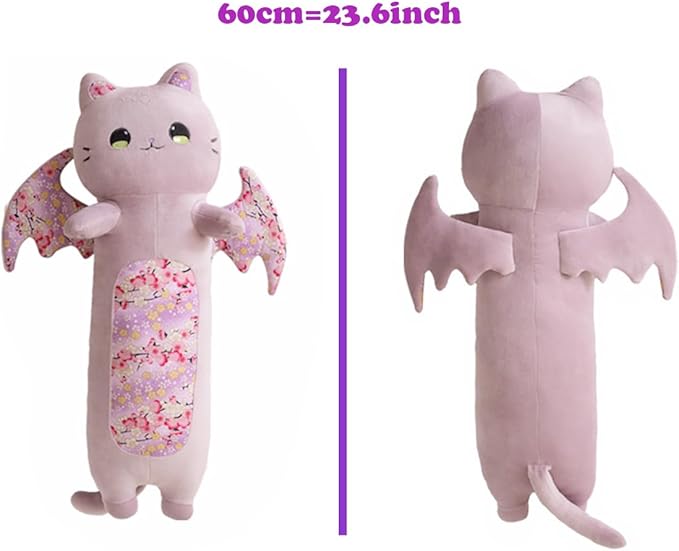 ELAINREN Long Bat Cat Plush Body Pillow Crazy Stuffed Purple Cat with Wings Halloween Large Bat Cat Plushie Toy Gifts/23.6''
