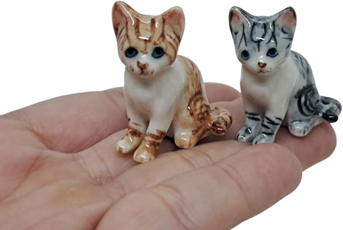 WitnyStore Tiny 1¼" White Brown Tabby Shorthair Cat Sitting Look Left Figurine - Miniature Hand Made Painted Ceramic Cats Kitten Feline Animal Cute Porcelain Decorative Collectible Figures Décor Gifts