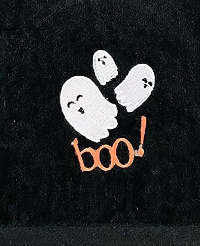 Halloween Bathroom Hand Towels Set of 2 – Cute Boo Ghost Design on Black Cotton - Decorative Bath or Kitchen Holiday Home Décor
