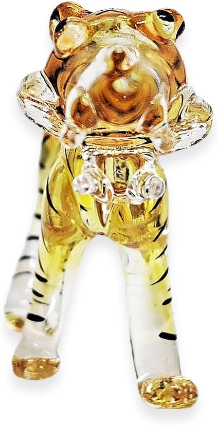 WitnyStore Tiny 2½" Long Yellow Black Standing Tiger Roaring Figurine - Miniature Hand Blown Painted Glass Panthera Wild Cat Small Crystal Wildlife Animals Decorative Collectible Figurines Décor Gifts
