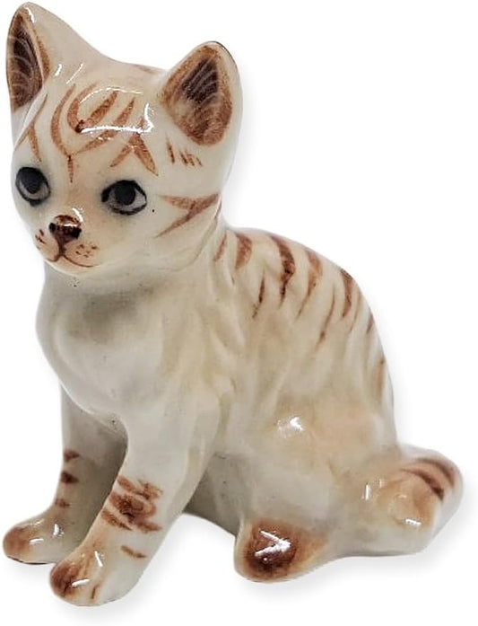 WitnyStore Tiny 1⅛" Light Brown Tabby Shorthair Cat Sitting Look Left Figurine - Miniature Hand Made Painted Ceramic Cats Kitten Feline Animal Cute Porcelain Decorative Collectible Figures Décor Gifts
