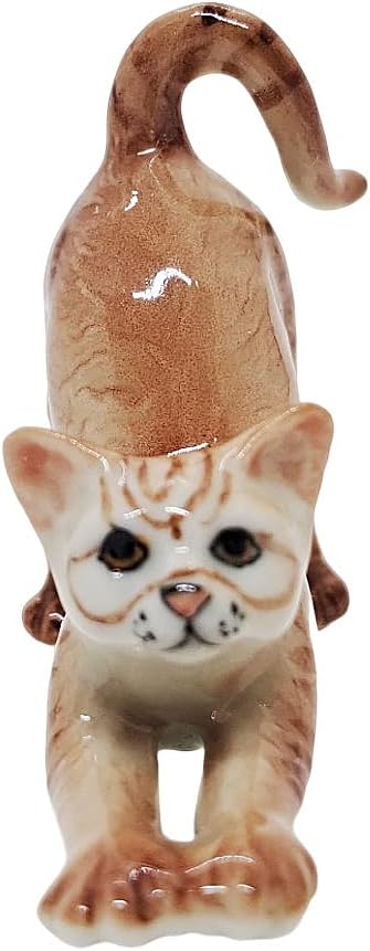WitnyStore Tiny 2¼" Long Brown Tabby Shorthair Cat Stretching Figurine - Miniature Hand Made Painted Ceramic Cats Kitten Feline Animal Cute Porcelain Decorative Collectible Figurines Décor Gifts