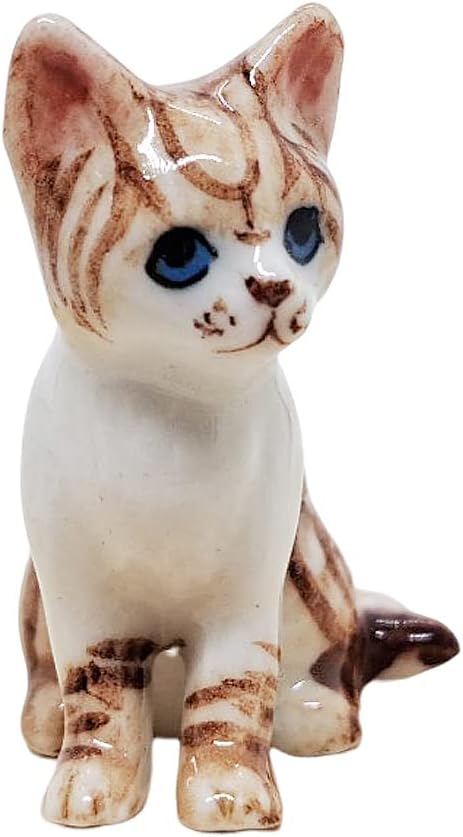 WitnyStore Tiny 1¼" White Brown Tabby Shorthair Cat Sitting Look Left Figurine - Miniature Hand Made Painted Ceramic Cats Kitten Feline Animal Cute Porcelain Decorative Collectible Figures Décor Gifts