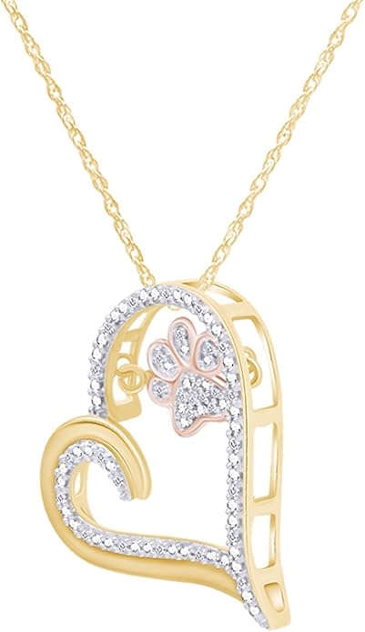 AFFY Paw Print Dog Cat Heart Pendant Necklace, 925 Sterling Silver & 10K Solid Gold Natural Diamond, Two Tone Heart Necklace for Pet Lovers, Elegant Silver Gift for Her