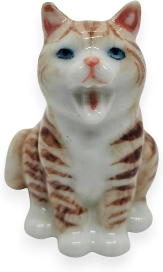 WitnyStore Tiny 1⅜" Long Brown White Tabby Shorthair Cat Sitting Yawn Figurine - Miniature Hand Made Painted Ceramic Cats Kitten Feline Animal Cute Porcelain Decorative Collectible Figures Décor Gifts
