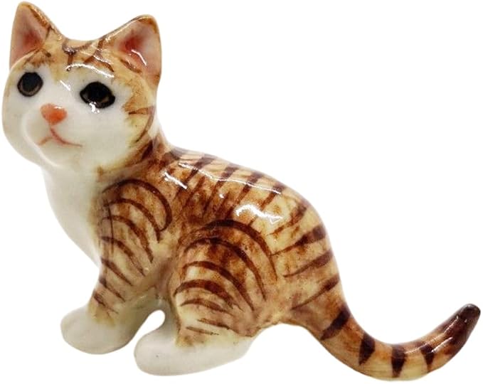 WitnyStore Tiny 1½" Long Brown White Tabby Shorthair Cat Tiptoeing Figurine - Miniature Hand Made Painted Ceramic Cats Kitten Feline Animal Cute Porcelain Decorative Collectible Figurines Décor Gifts
