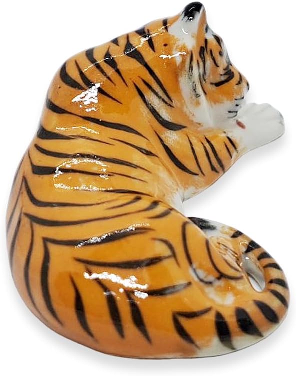 WitnyStore Tiny 2¼" Orange Tiger Licking Leg Figurine - Miniature Hand Made Ceramic Panthera Wild Cats Lion Jaguar Leopard Panthers Animals Small Porcelain Decorative Collectible Figures Décor Gifts