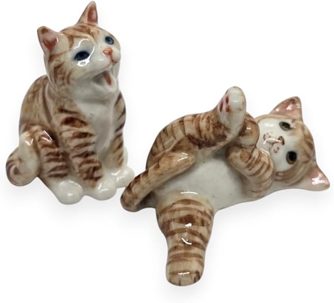 WitnyStore Tiny 1⅜" Long Brown White Tabby Shorthair Cat Sitting Yawn Figurine - Miniature Hand Made Painted Ceramic Cats Kitten Feline Animal Cute Porcelain Decorative Collectible Figures Décor Gifts