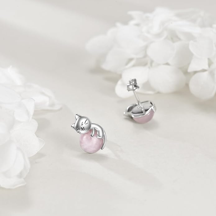 Sterling Silver Birthstone Black Cat Stud Earrings - Cat Birthstone Earrings for Women's Birthday Gift